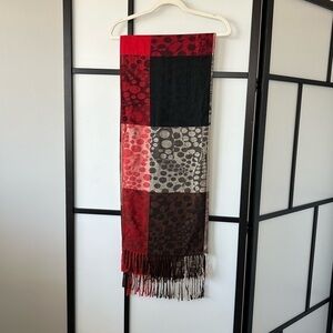 Women’s Soft Red Black & Creme Patterned Scarf with Tassel Fringe on Ends